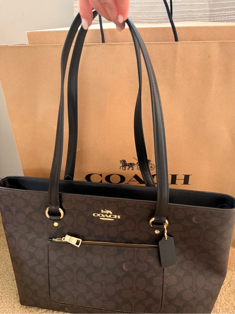 Coach Dark Brown Signature Canvas Tote with Black Leather Trim - Picture 4 of 8